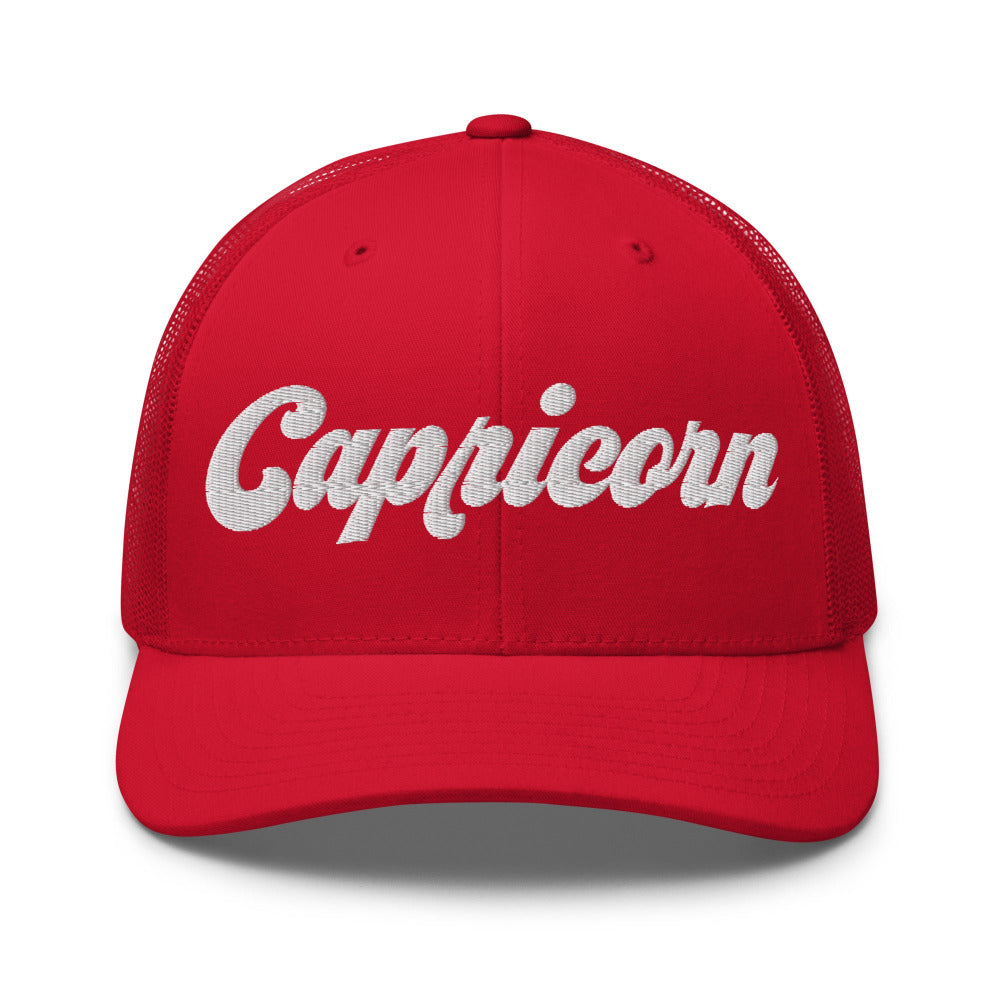 Capricorn Zodiac Embroidered Curved Bill Trucker Hat - Red Color - https://ascensionemporium.net