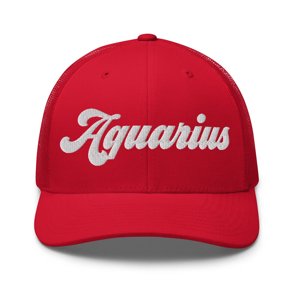 Aquarius Zodiac Embroidered Curved Bill Trucker Hat - Red Color - https://ascensionemporium.net