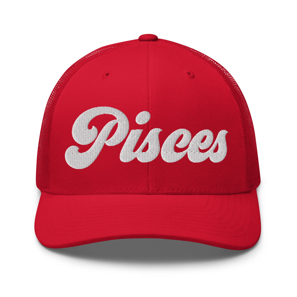 Pisces Zodiac Embroidered Curved Bill Trucker Hat - Red Color - https://ascensionemporium.net