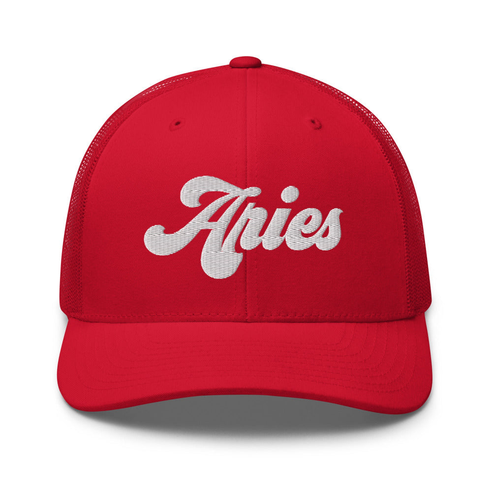 Aries Zodiac Embroidered Curved Bill Trucker Hat - Red Color - https://ascensionemporium.net