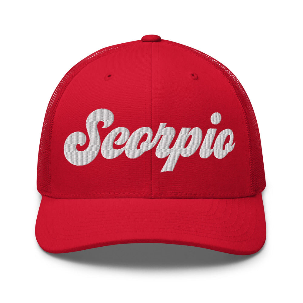 Scorpio Zodiac Embroidered Curved Bill Trucker Hat - Red Color - https://ascensionemporium.net