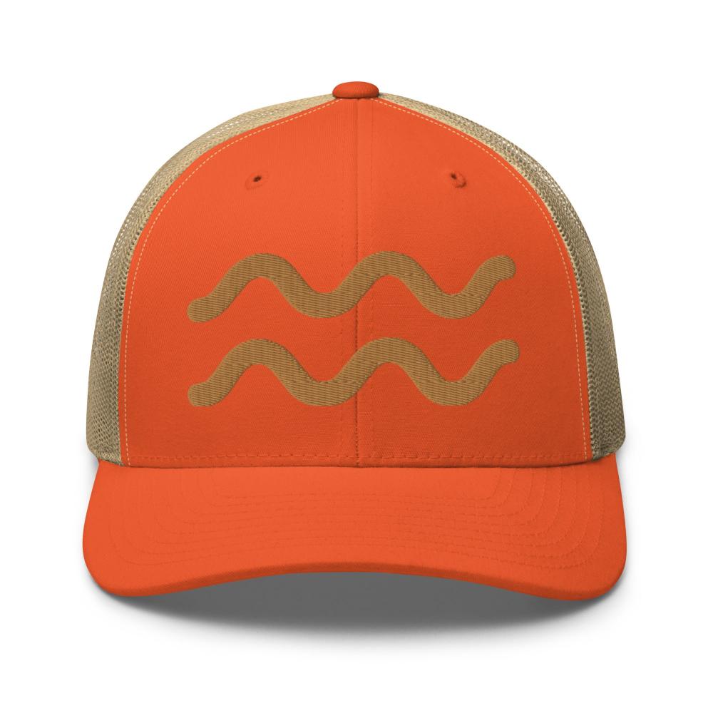Aquarius Zodiac Embroidered Curved Bill Trucker Hat - Rustic Orange/Khaki Color - https://ascensionemporium.net