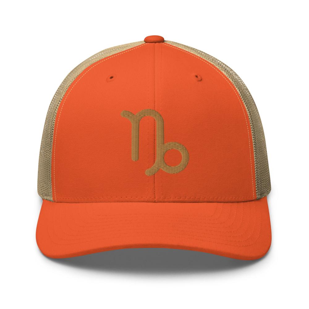 Capricorn Zodiac Embroidered Curved Bill Trucker Hat - Rustic Orange/Khaki Color - https://ascensionemporium.net