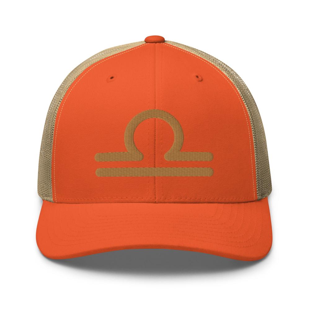 Libra Zodiac Embroidered Curved Bill Trucker Hat - Rustic Orange/Khaki Color - https://ascensionemporium.net