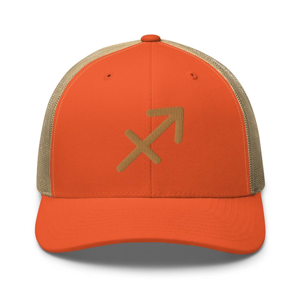 Sagittarius Zodiac Embroidered Curved Bill Trucker Hat - Rustic Orange/Khaki Color - https://ascensionemporium.net