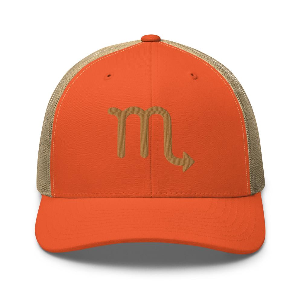 Scorpio Zodiac Embroidered Curved Bill Trucker Hat - Rustic Orange/Khaki Color - https://ascensionemporium.net