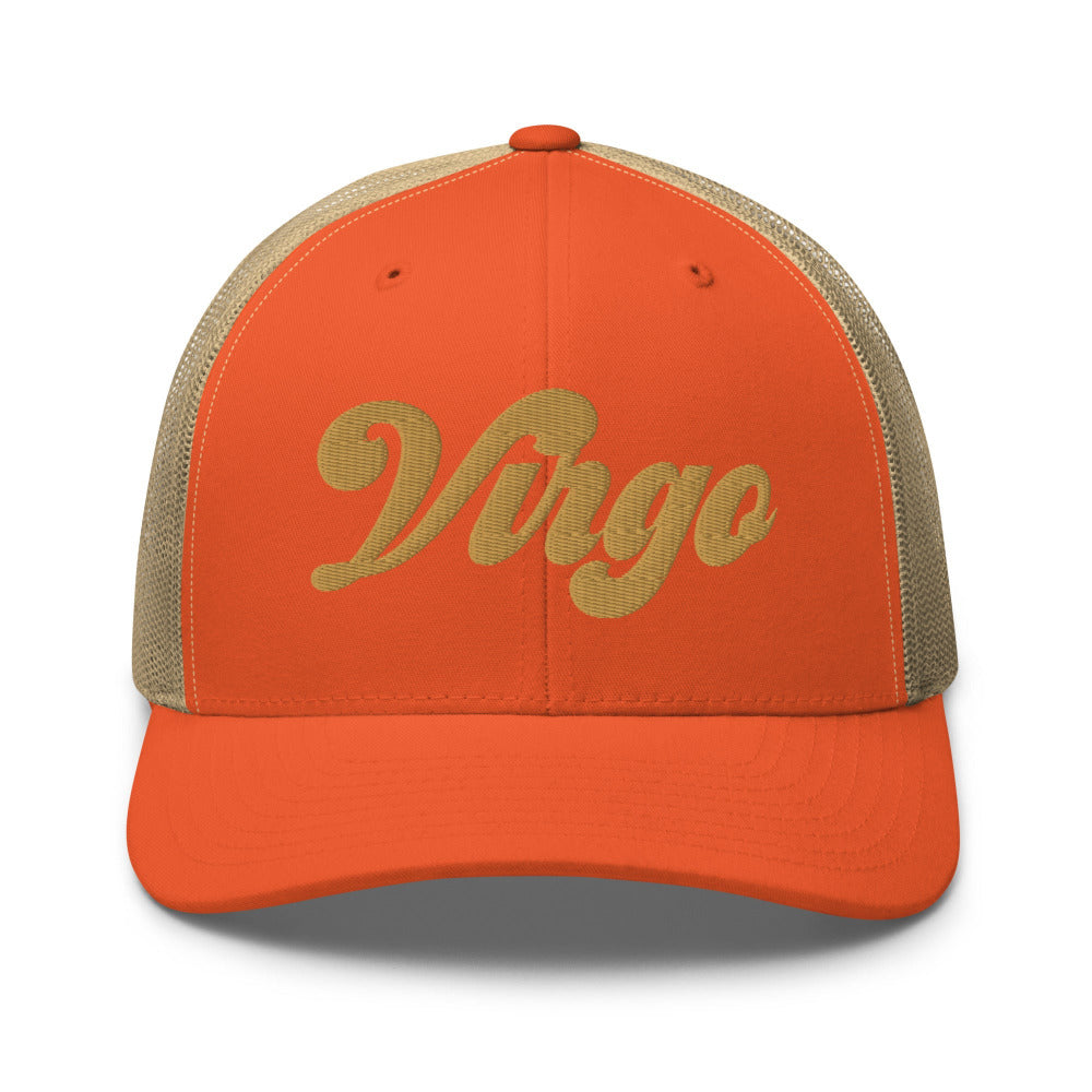 Virgo Zodiac Embroidered Curved Bill Trucker Hat - Rustic Orange/Khaki Color - https://ascensionemporium.net