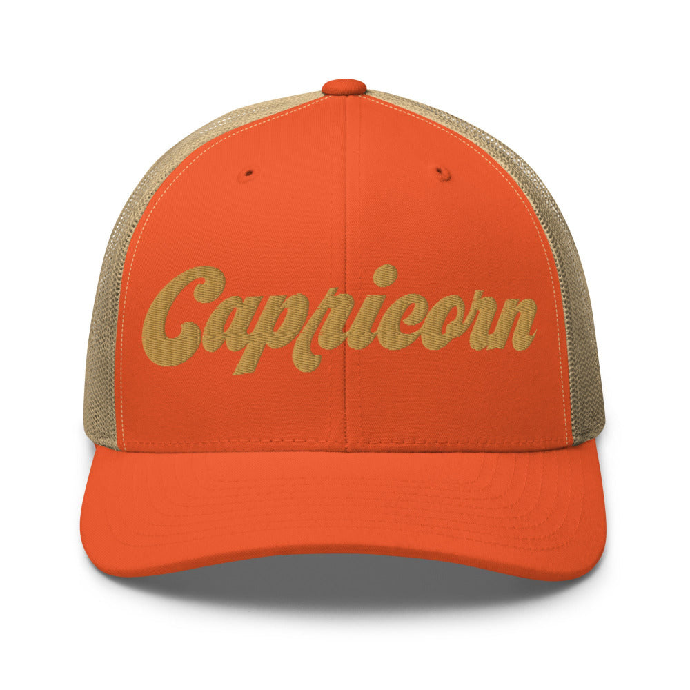 Capricorn Zodiac Embroidered Curved Bill Trucker Hat - Rustic Orange/Khaki Color - https://ascensionemporium.net