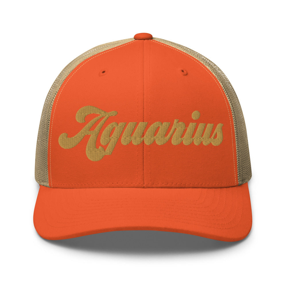 Aquarius Zodiac Embroidered Curved Bill Trucker Hat - Rustic Orange/Khaki Color - https://ascensionemporium.net