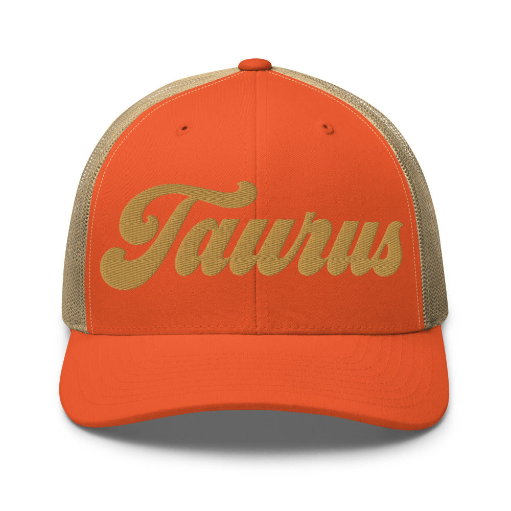 Taurus Zodiac Embroidered Curved Bill Trucker Hat - Rustic Orange/Khaki Color - https://ascensionemporium.net