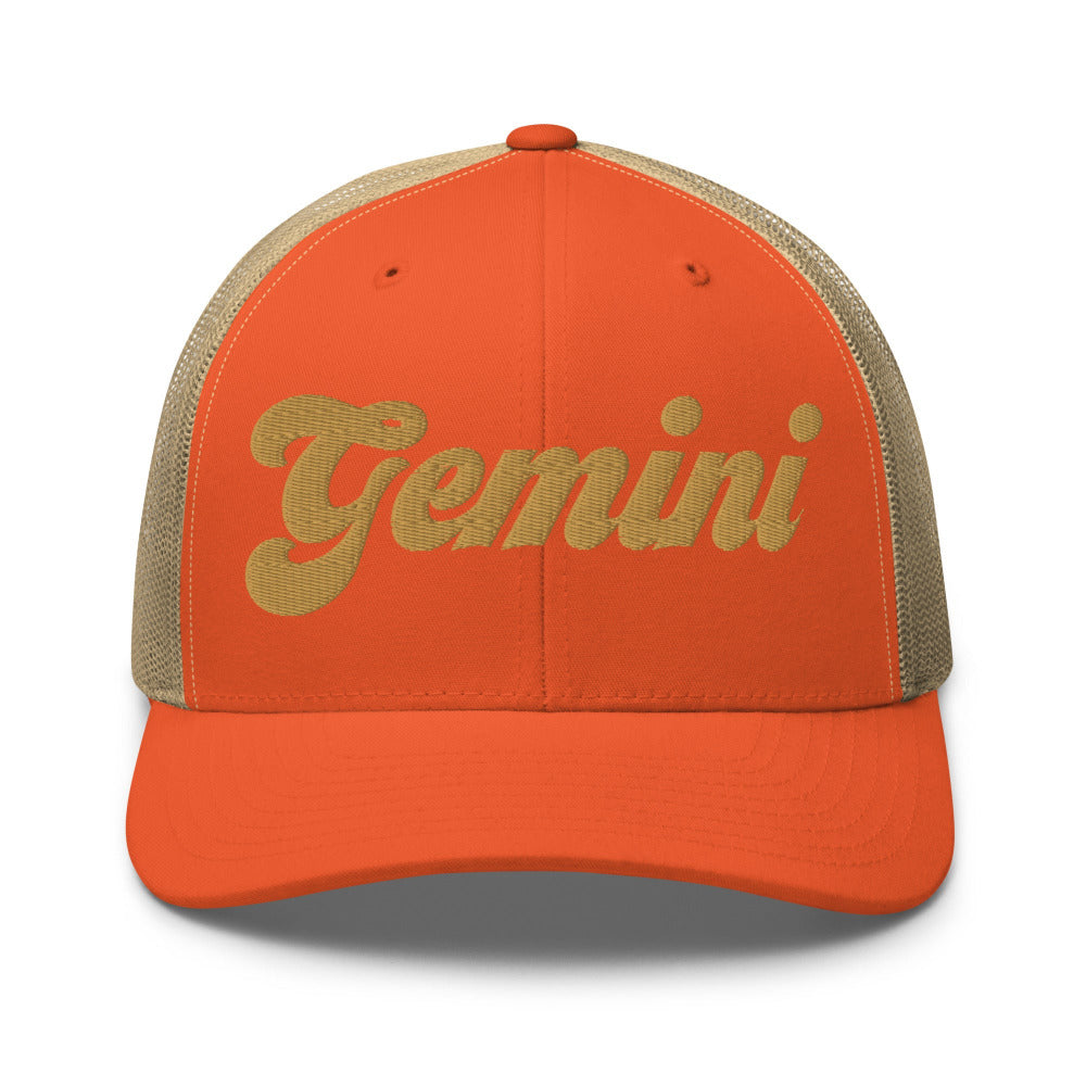 Gemini Zodiac Embroidered Curved Bill Trucker Hat - Rustic Orange/Khaki Color - https://ascensionemporium.net