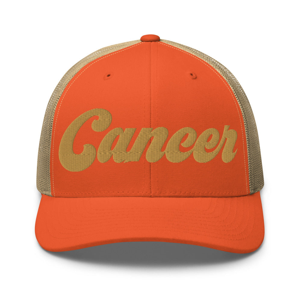 Cancer Zodiac Embroidered Curved Bill Trucker Hat - Rustic Orange/Khaki Color - https://ascensionemporium.net