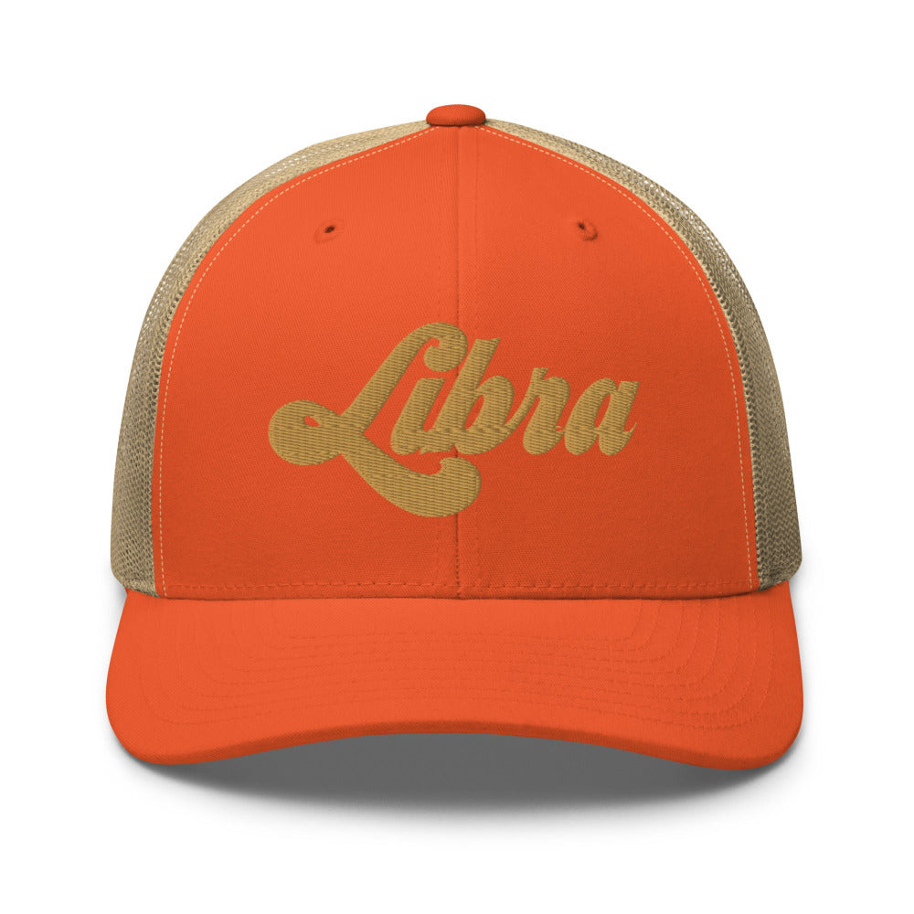 Libra Zodiac Embroidered Curved Bill Trucker Hat - Rustic Orange/Khaki Color - https://ascensionemporium.net