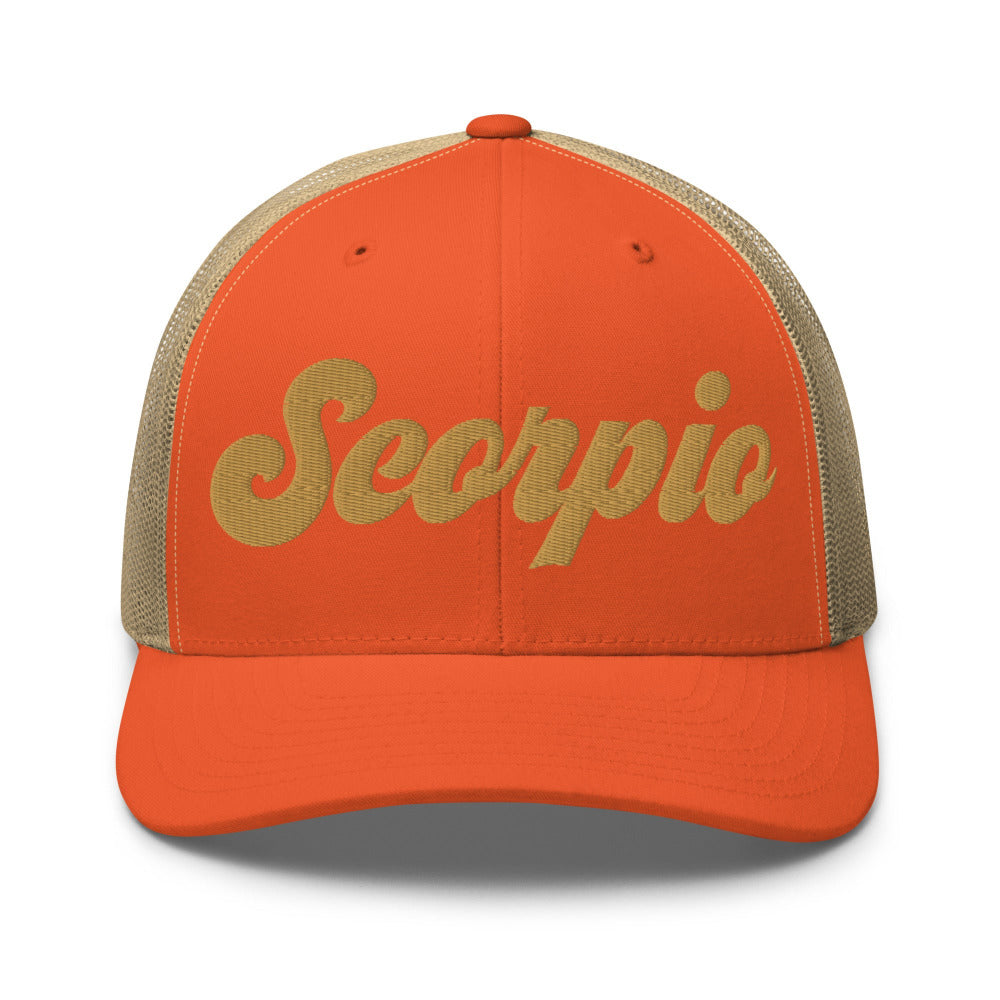 Scorpio Zodiac Embroidered Curved Bill Trucker Hat - Rustic Orange/Khaki Color - https://ascensionemporium.net