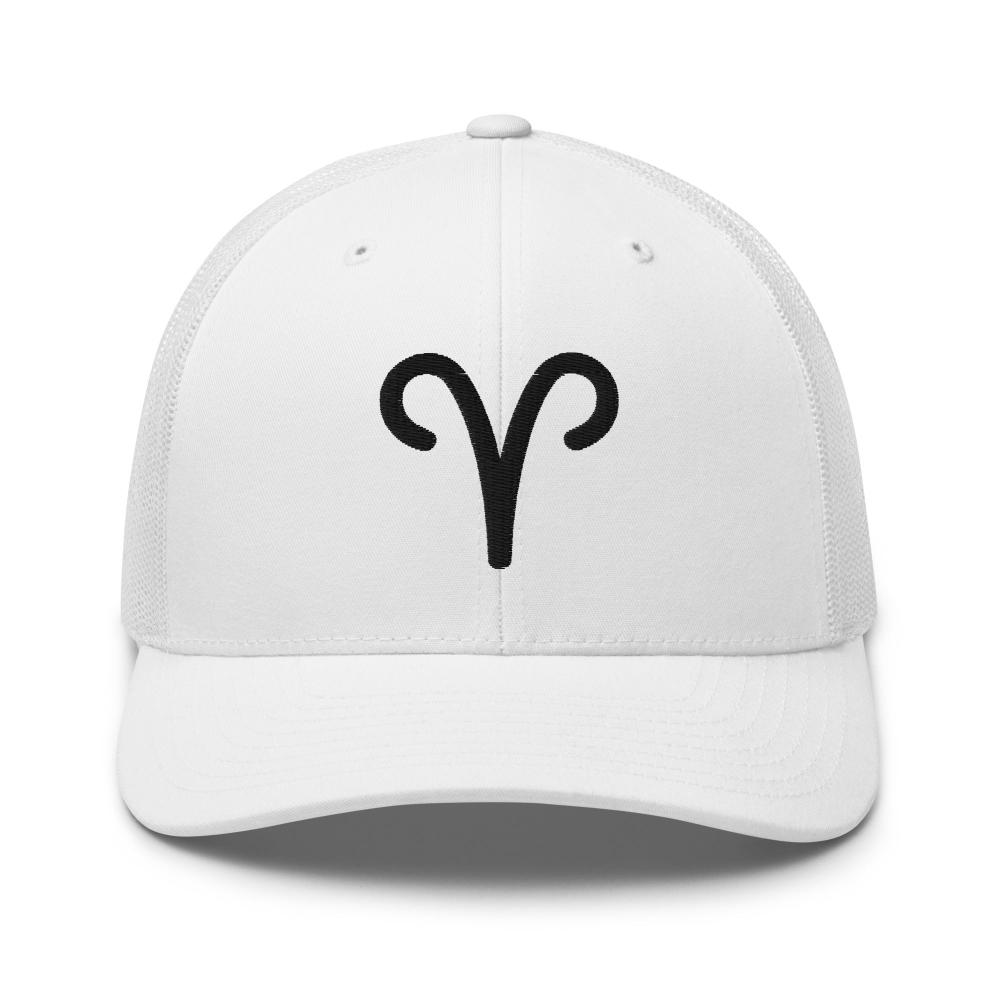 Aries Zodiac Embroidered Curved Bill Trucker Hat - White Color - https://ascensionemporium.net