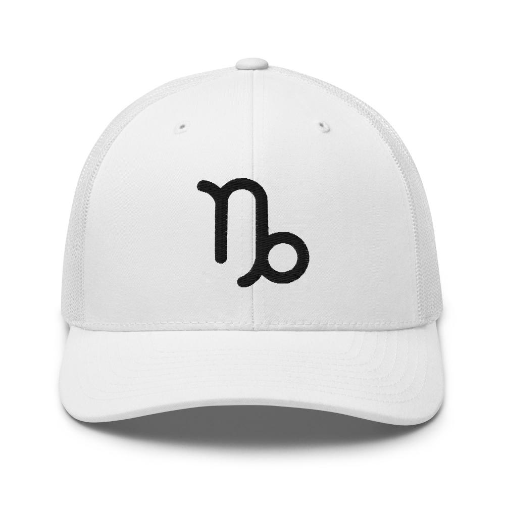 Capricorn Zodiac Embroidered Curved Bill Trucker Hat - White Color - https://ascensionemporium.net