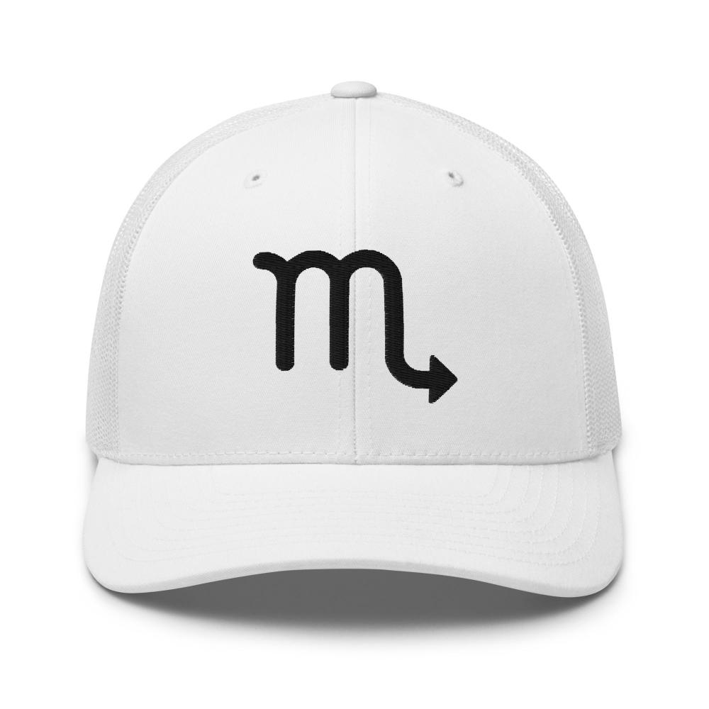 Scorpio Zodiac Embroidered Curved Bill Trucker Hat - White Color - https://ascensionemporium.net