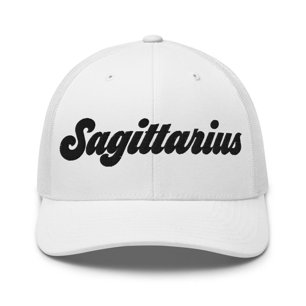 Sagittarius Zodiac Embroidered Curved Bill Trucker Hat - White Color - https://ascensionemporium.net