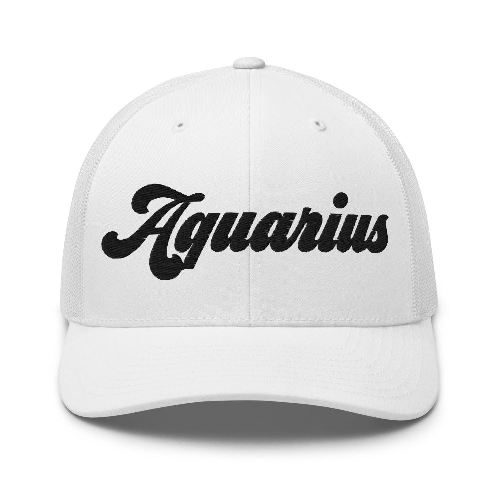 Aquarius Zodiac Embroidered Curved Bill Trucker Hat - White Color - https://ascensionemporium.net