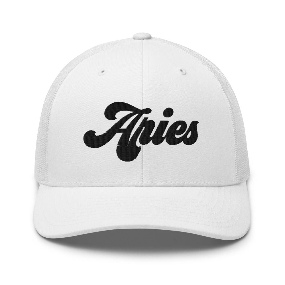 Aries Zodiac Embroidered Curved Bill Trucker Hat - White Color - https://ascensionemporium.net