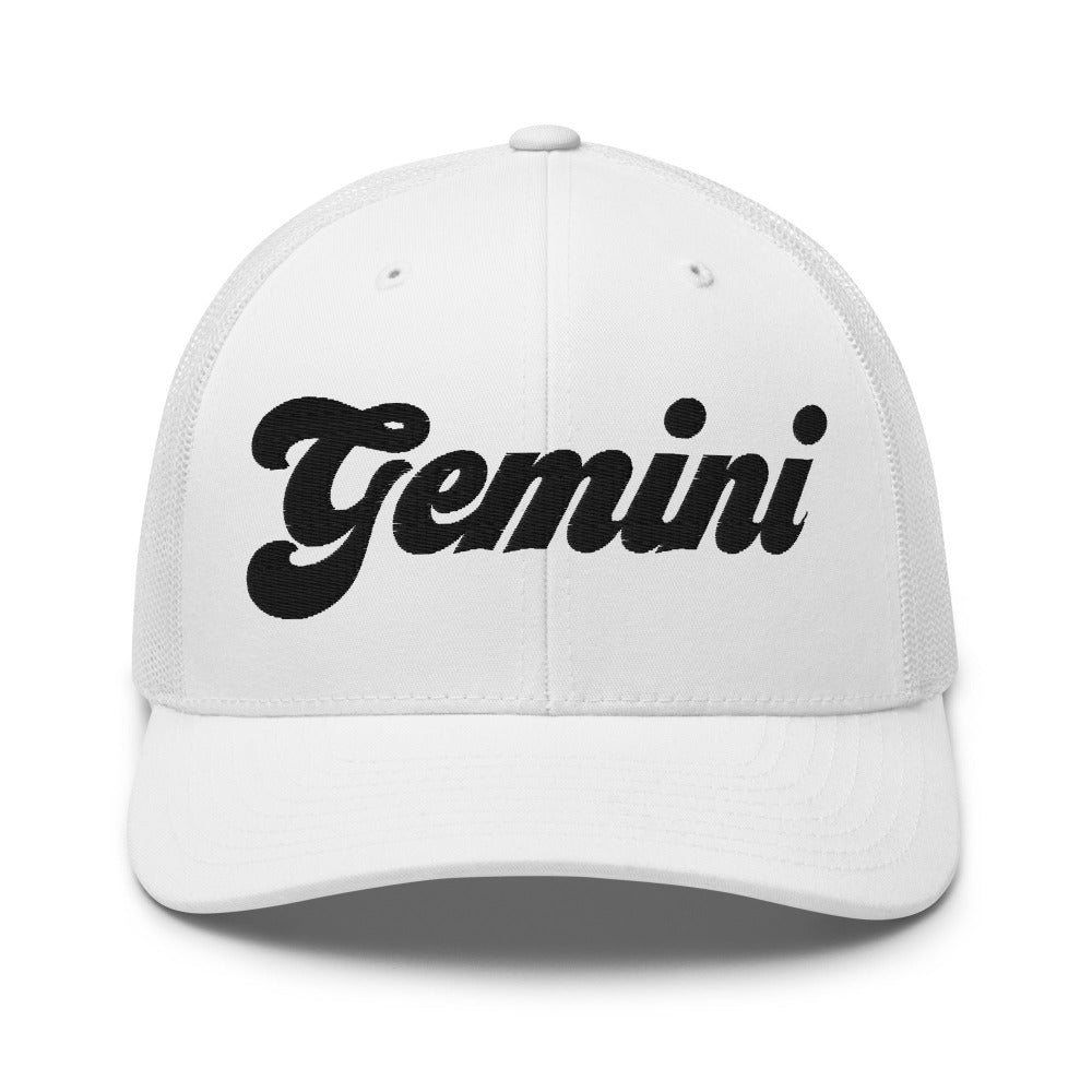 Gemini Zodiac Embroidered Curved Bill Trucker Hat - White Color - https://ascensionemporium.net