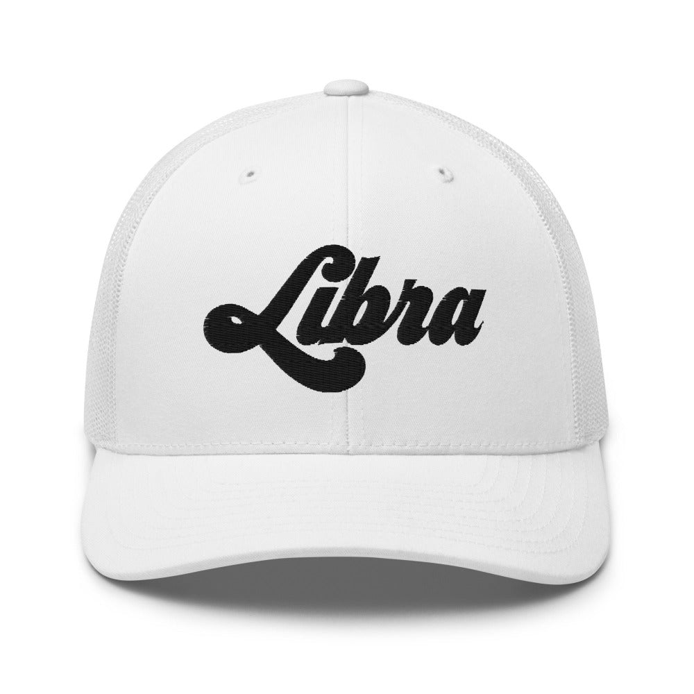 Libra Zodiac Embroidered Curved Bill Trucker Hat - White Color - https://ascensionemporium.net