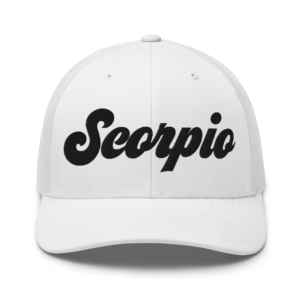 Scorpio Zodiac Embroidered Curved Bill Trucker Hat - White Color - https://ascensionemporium.net