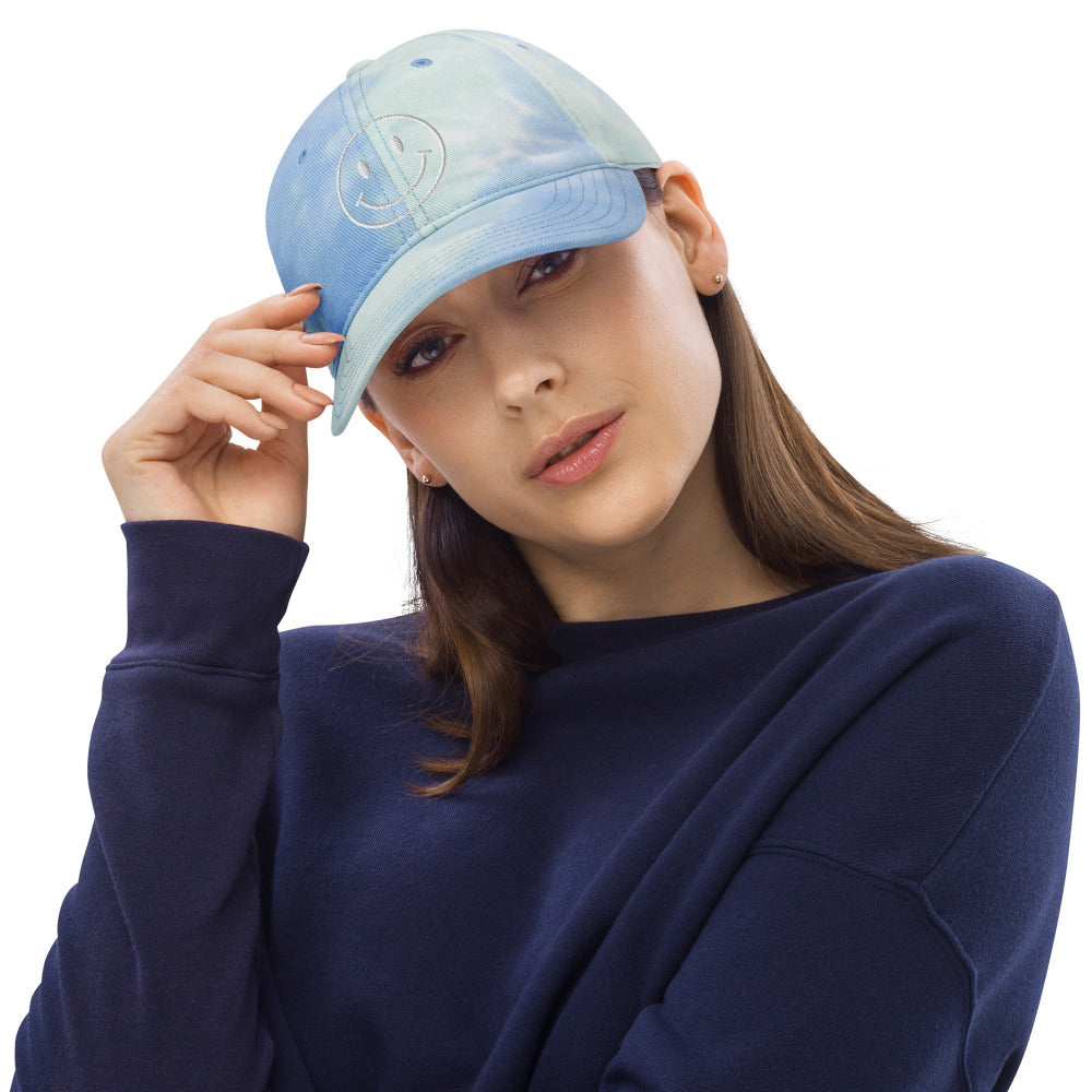 Happy Smiley Face Embroidered Tie Dye Cap - Sky Color - https://ascensionemporium.net