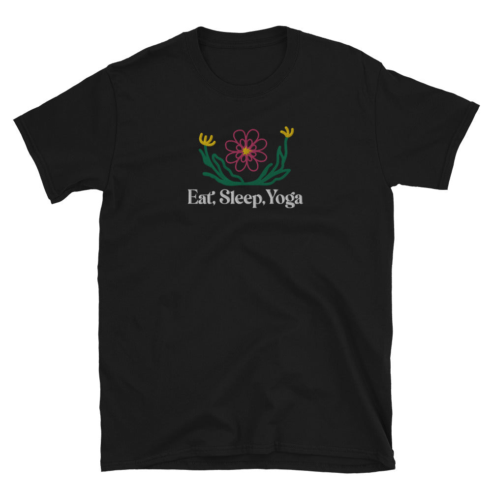 Eat Sleep Yoga Wild Flowers Embroidered TShirt - Black Color - https://ascensionemporium.net