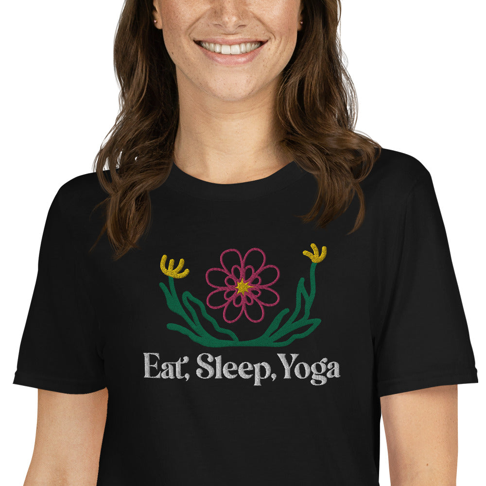 Eat Sleep Yoga Wild Flowers Embroidered TShirt - Black Color - https://ascensionemporium.net