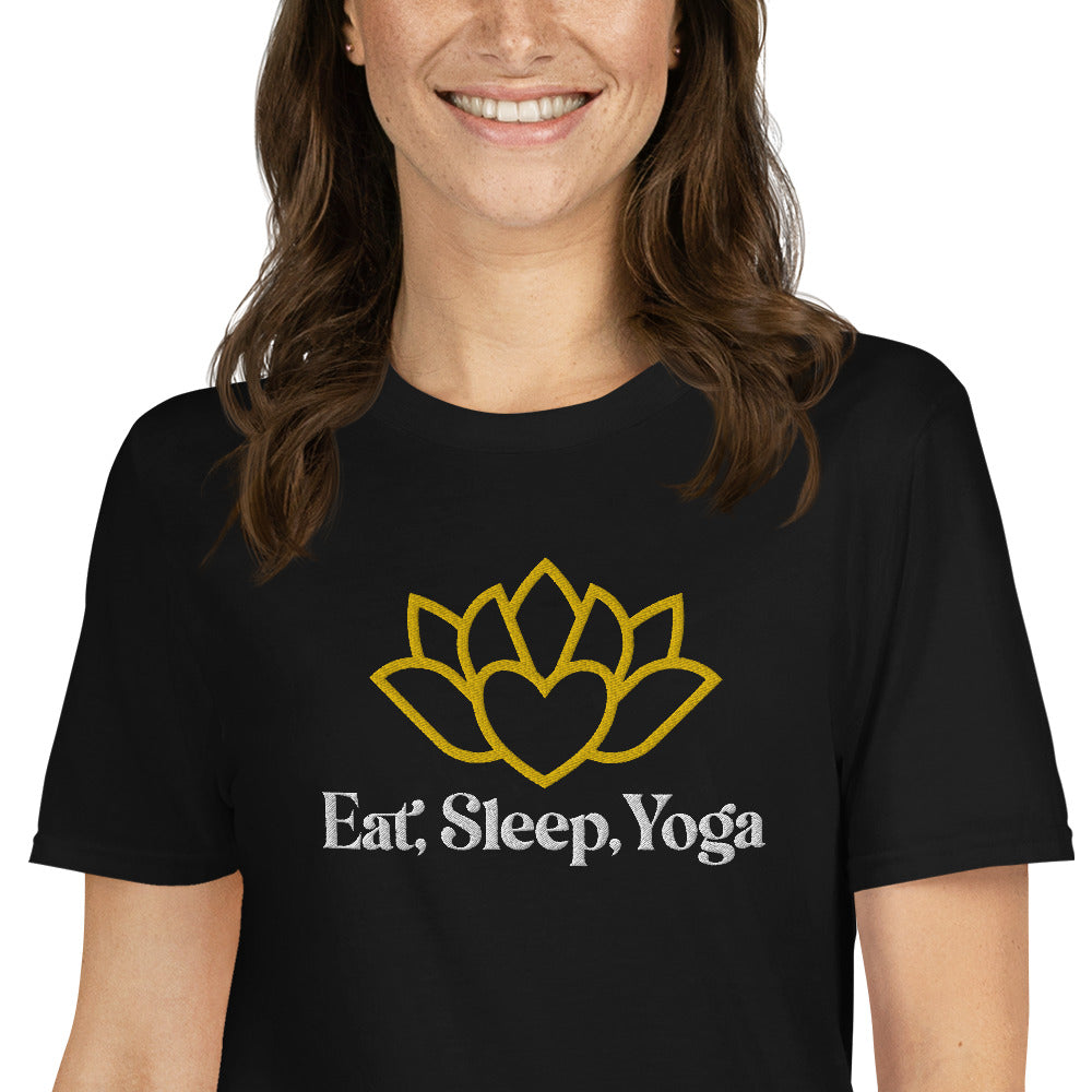 Eat Sleep Yoga Lotus Flower Embroidered TShirt - Black Color - https://ascensionemporium.net