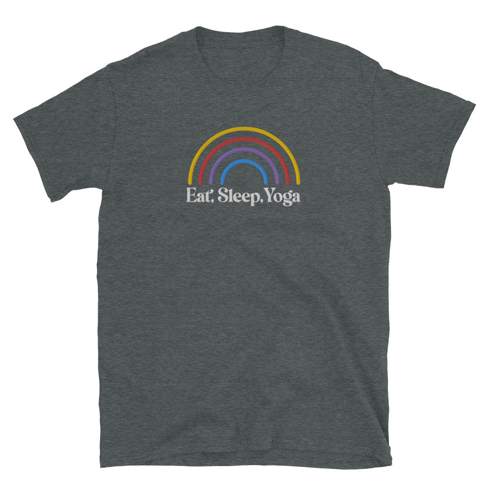 Eat Sleep Yoga Rainbow Embroidered TShirt - Dark Heather Color - https://ascensionemporium.net