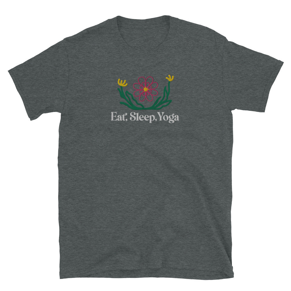 Eat Sleep Yoga Wild Flowers Embroidered TShirt - Dark Heather Color - https://ascensionemporium.net