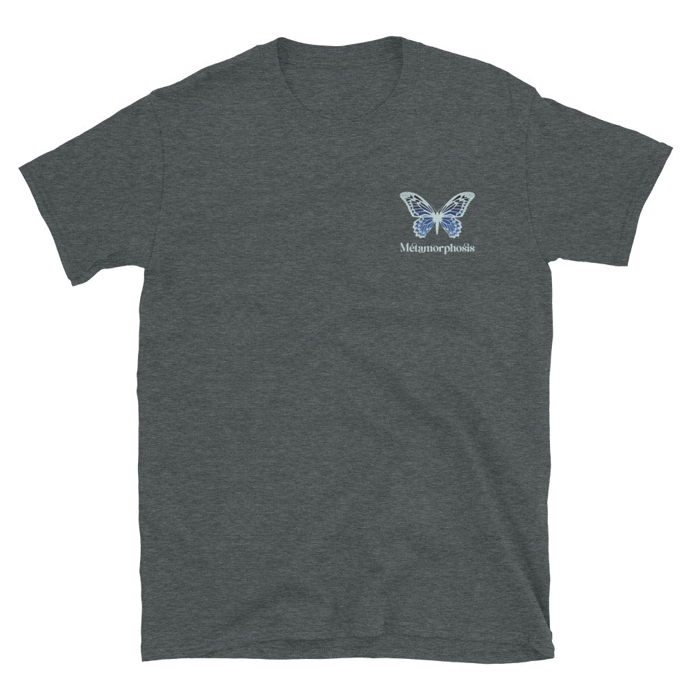Metamorphosis Blue Butterfly Embroidered TShirt - Dark Heather Color - https://ascensionemporium.net