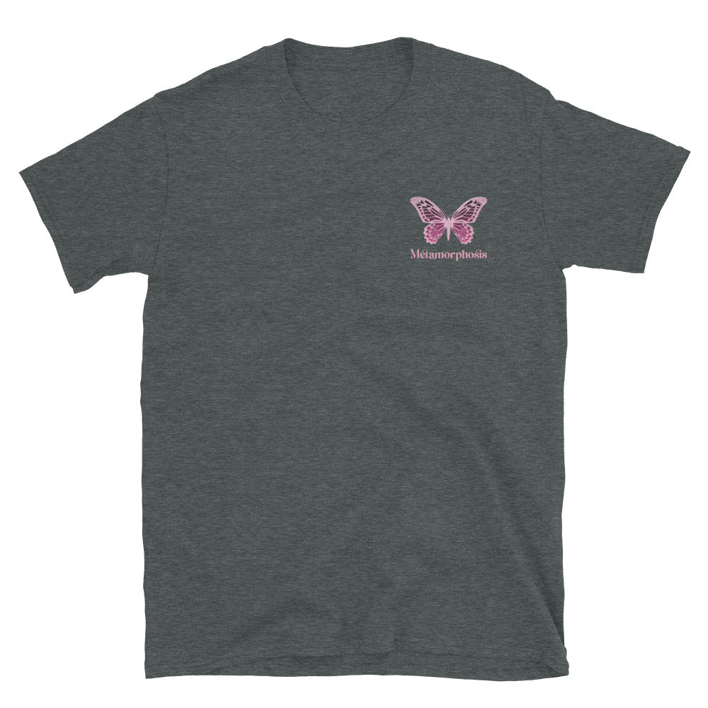 Metamorphosis Pink Butterfly Embroidered TShirt - Dark Heather Color - https://ascensionemporium.net