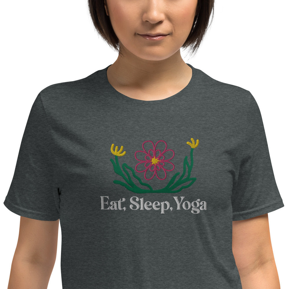 Eat Sleep Yoga Wild Flowers Embroidered TShirt - Dark Heather Color - https://ascensionemporium.net