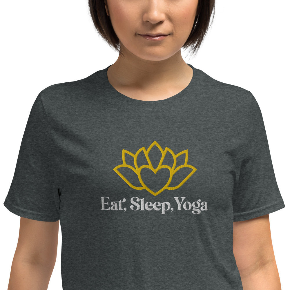 Eat Sleep Yoga Lotus Flower Embroidered TShirt - Dark Heather Color - https://ascensionemporium.net