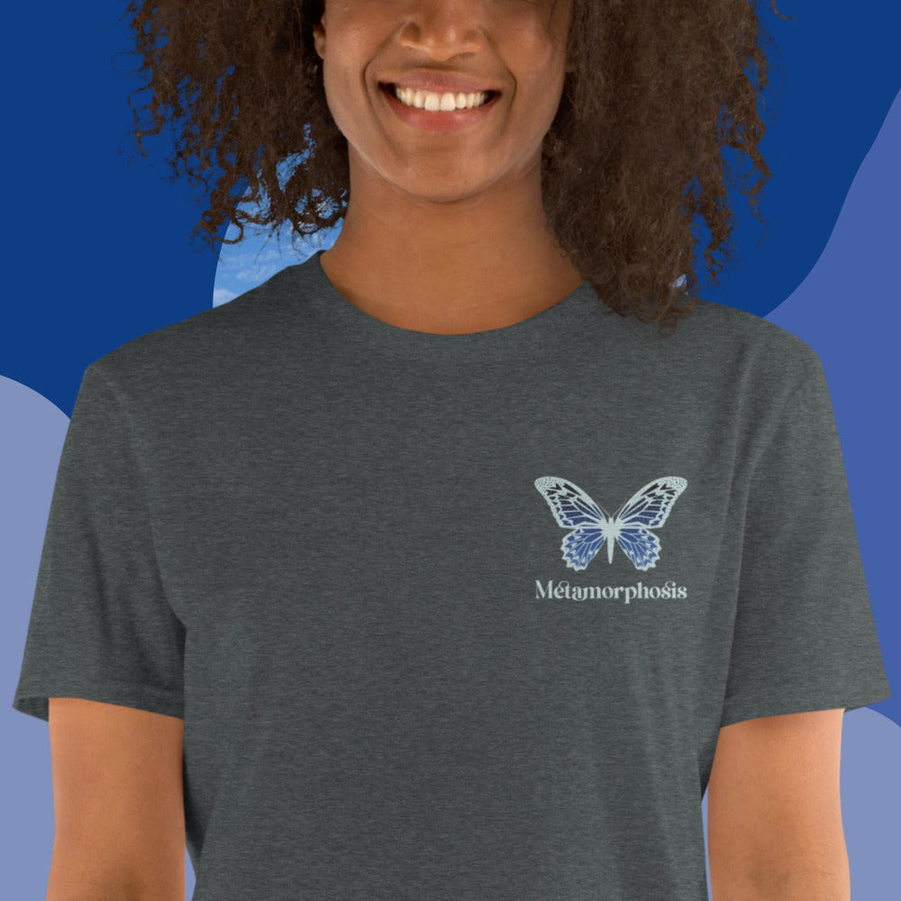 Metamorphosis Blue Butterfly Embroidered TShirt - Dark Heather Color - https://ascensionemporium.net