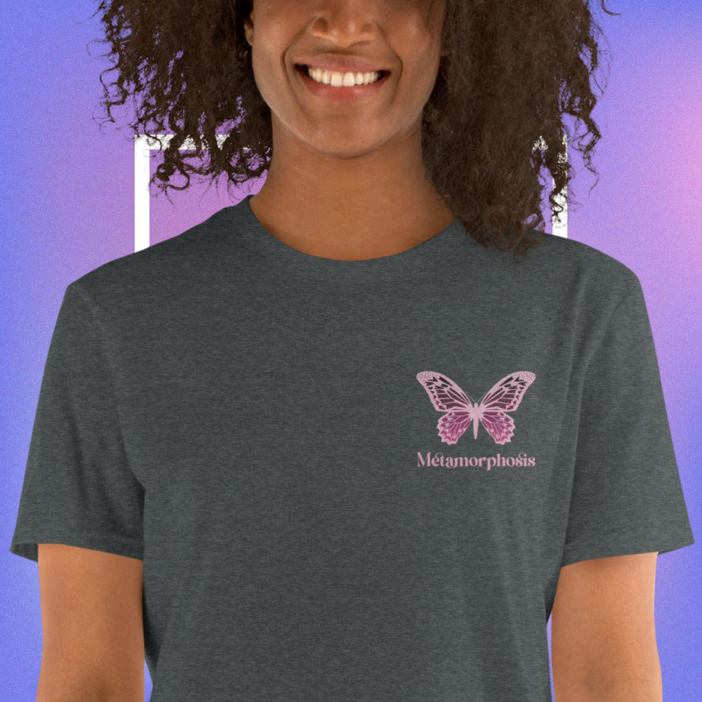 Metamorphosis Pink Butterfly Embroidered TShirt - Dark Heather Color - https://ascensionemporium.net
