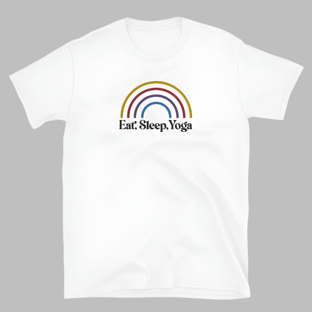 Eat Sleep Yoga Rainbow Embroidered TShirt - White Color - https://ascensionemporium.net