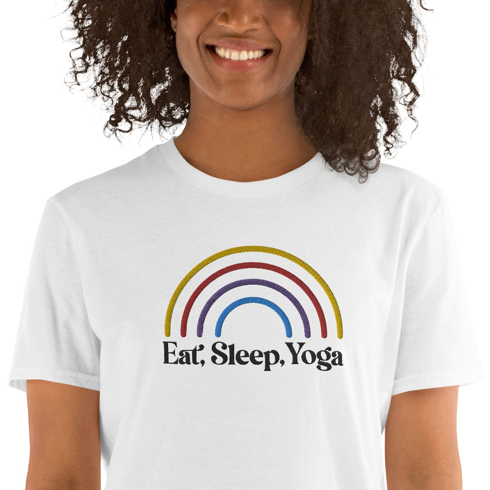 Eat Sleep Yoga Rainbow Embroidered TShirt - White Color - https://ascensionemporium.net