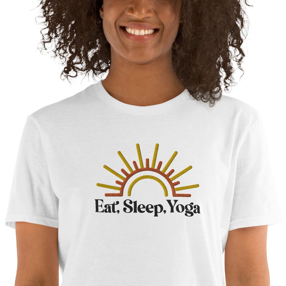 Eat Sleep Yoga Sun Embroidered TShirt - White Color - https://ascensionemporium.net