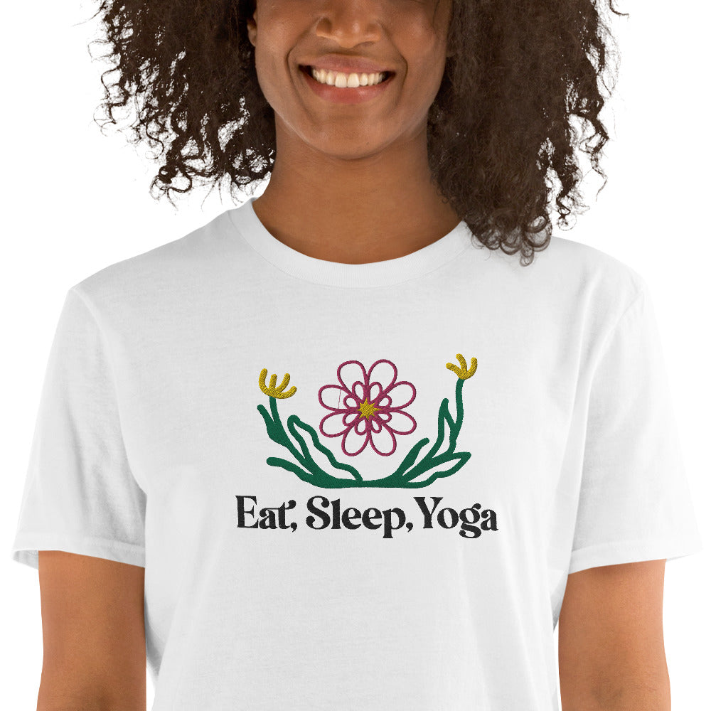 Eat Sleep Yoga Wild Flowers Embroidered TShirt - White Color - https://ascensionemporium.net