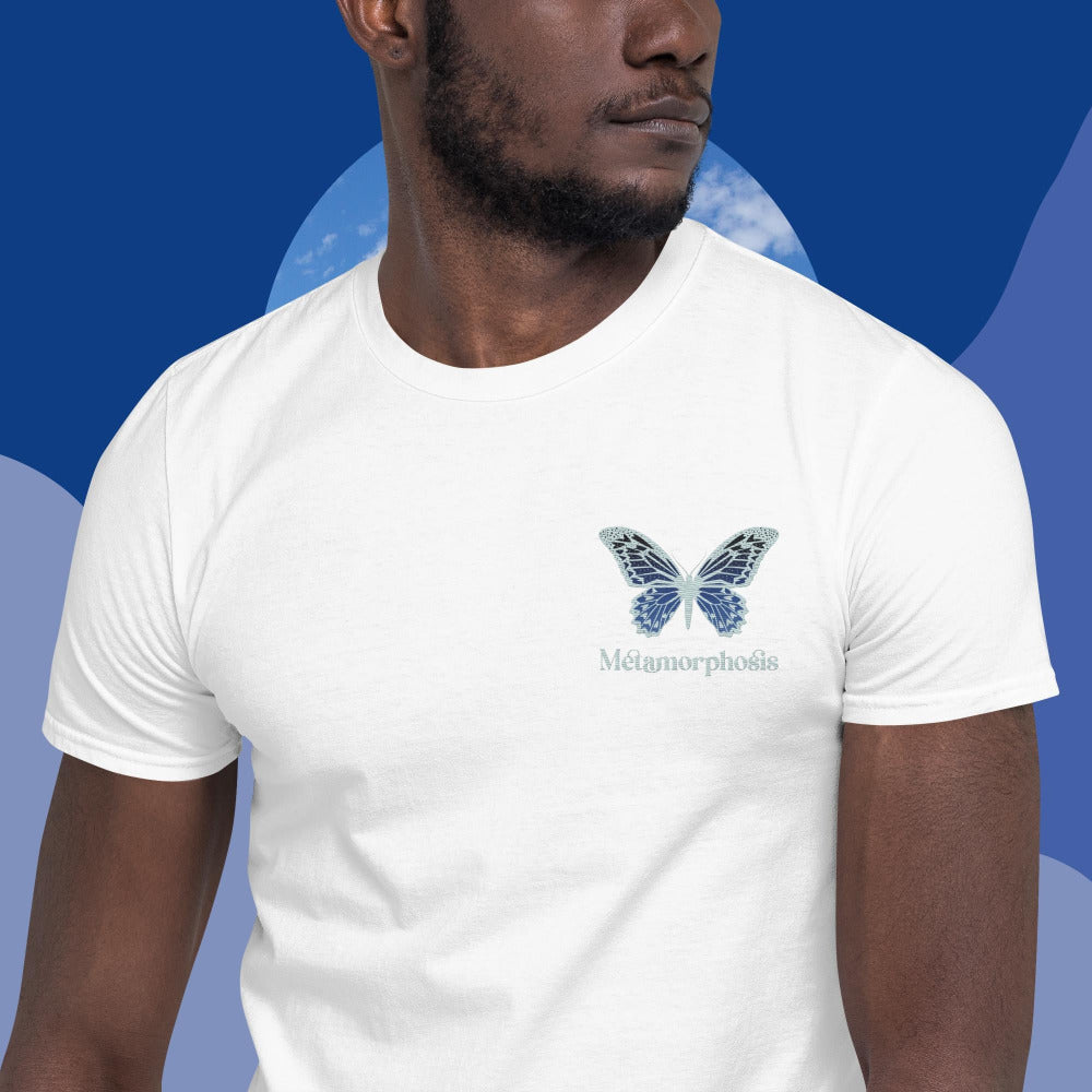 Metamorphosis Blue Butterfly Embroidered TShirt - White Color - https://ascensionemporium.net