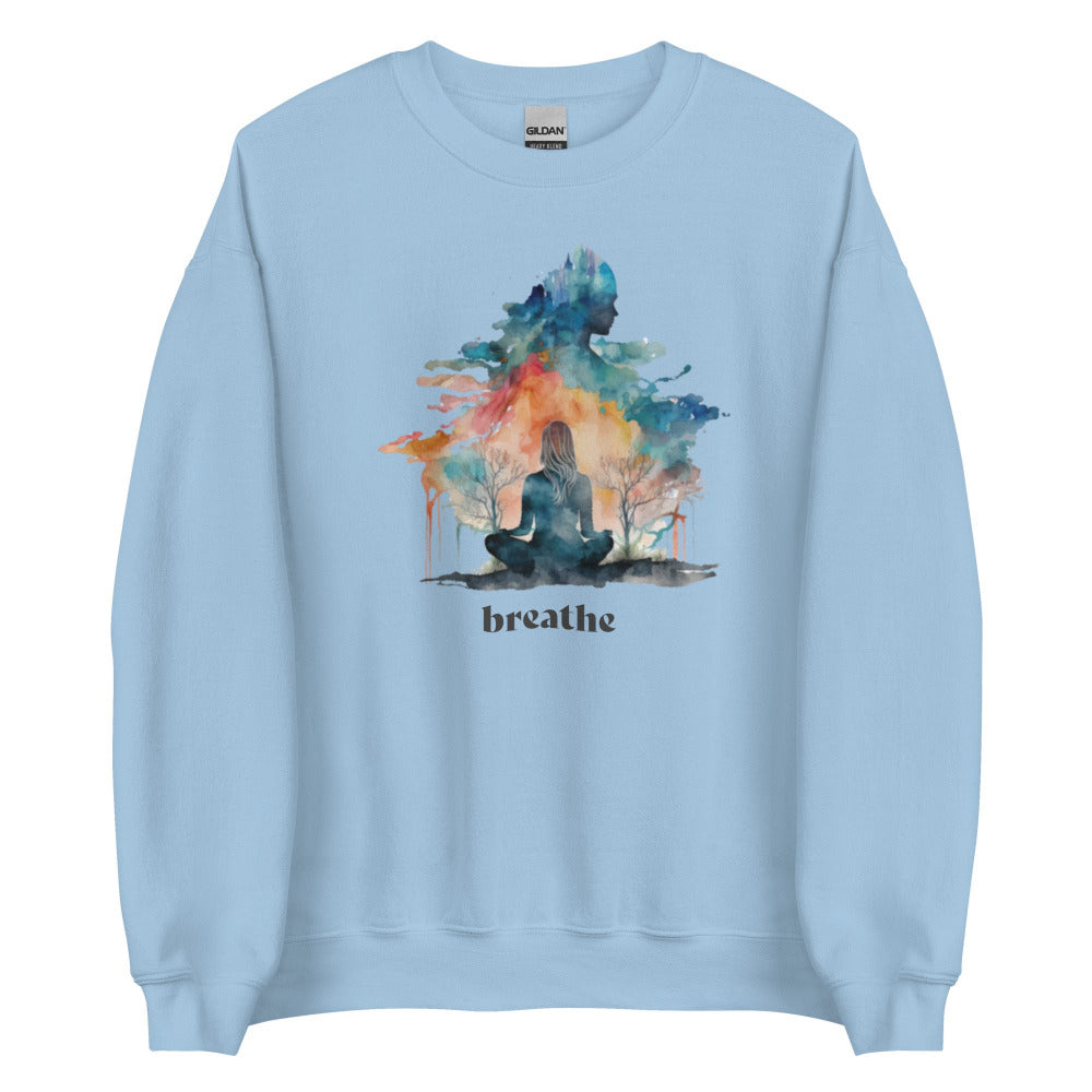 Breathe Yoga Meditation Sweatshirt - Watercolor Clouds - Light Blue Color