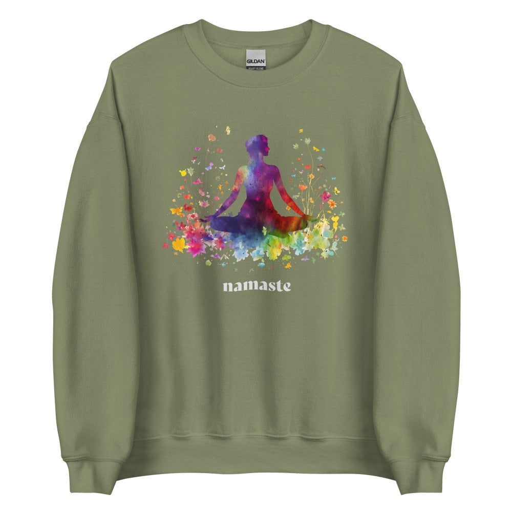 Namaste Yoga Meditation Sweatshirt - Rainbow Garden - Military Green Color - https://ascensionemporium.net