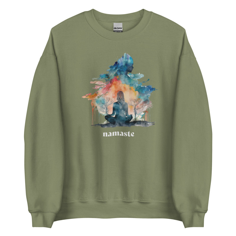 Namaste Yoga Meditation Sweatshirt - Watercolor Clouds - Military Green Color - https://ascensionemporium.net