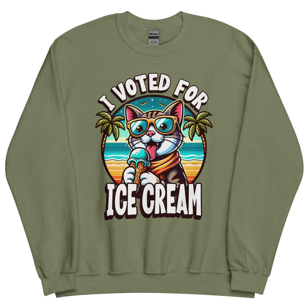 I Voted For Ice Cream Cat Sweatshirt - Military Green Color - https://ascensionemporium.net