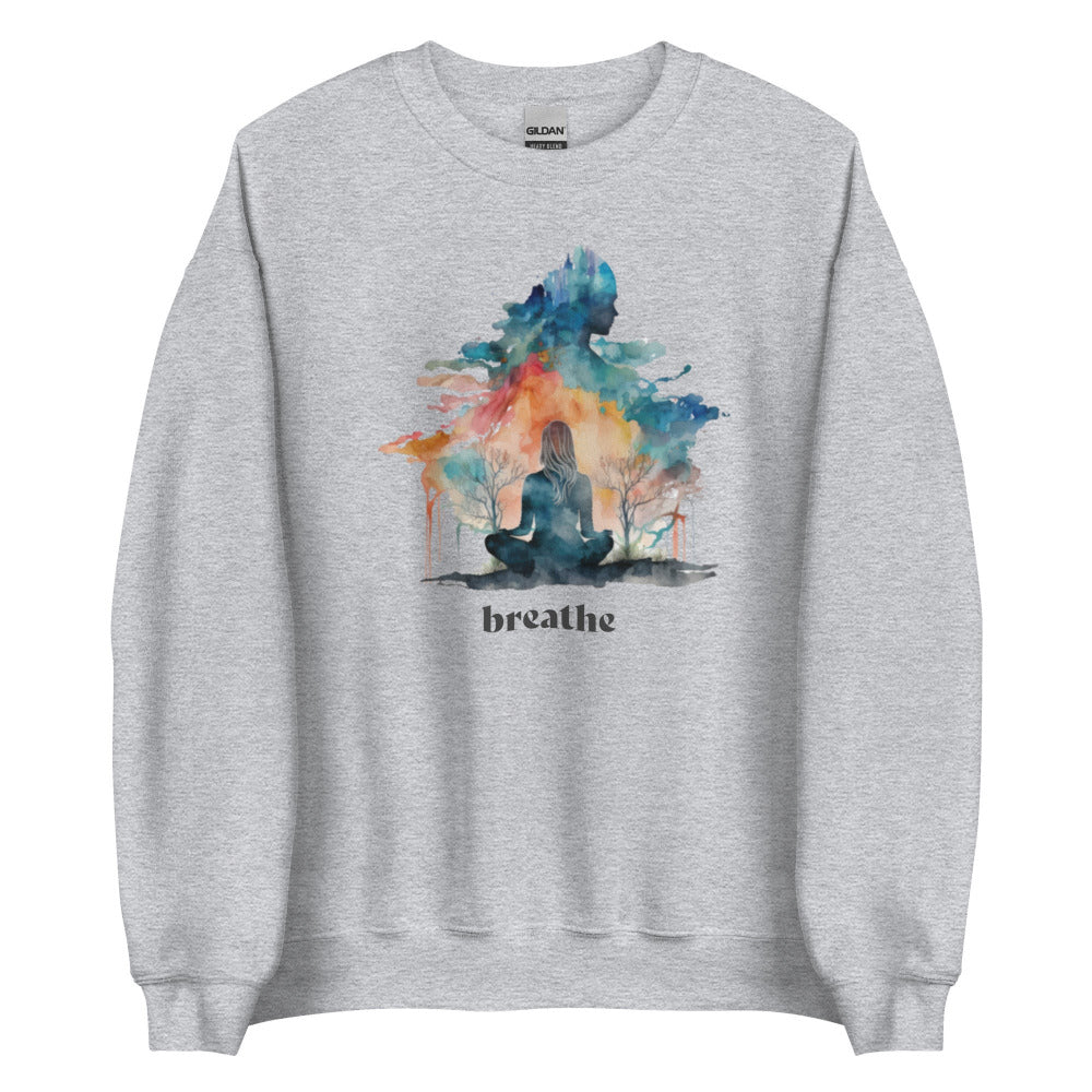 Breathe Yoga Meditation Sweatshirt - Watercolor Clouds - Sport Grey Color