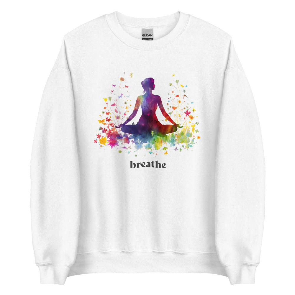 Breathe Yoga Meditation Sweatshirt - Rainbow Garden - White Color